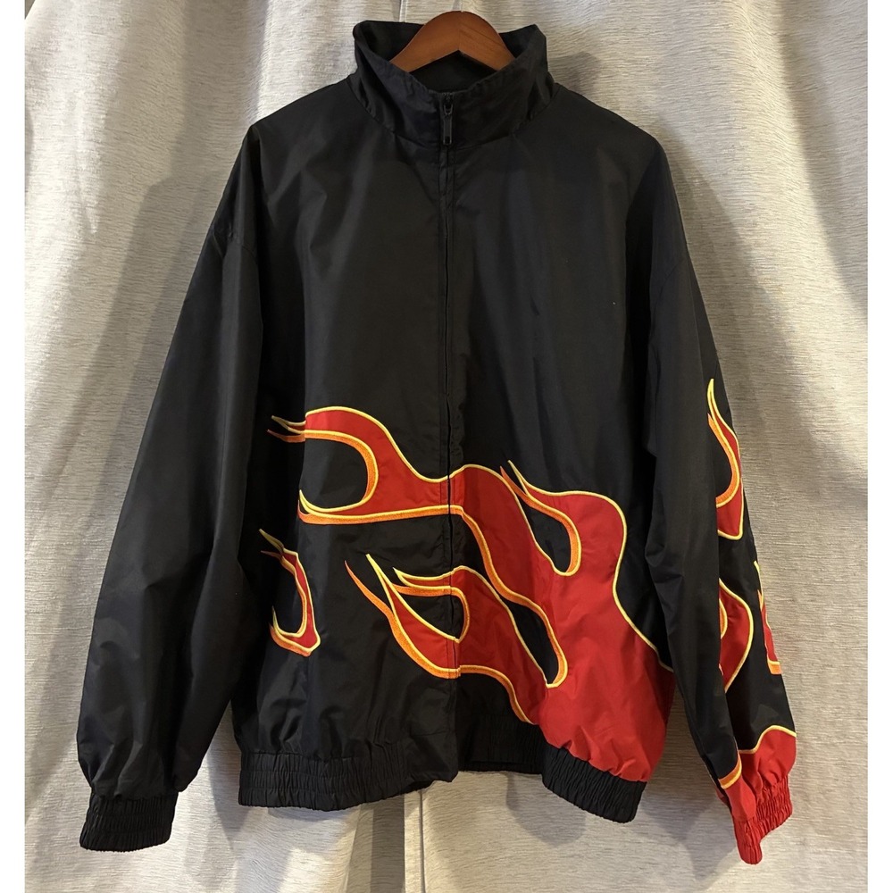 Vintage Hilton Corporate Classic Flame Bomber Jacket XL Black 90s Windbreaker